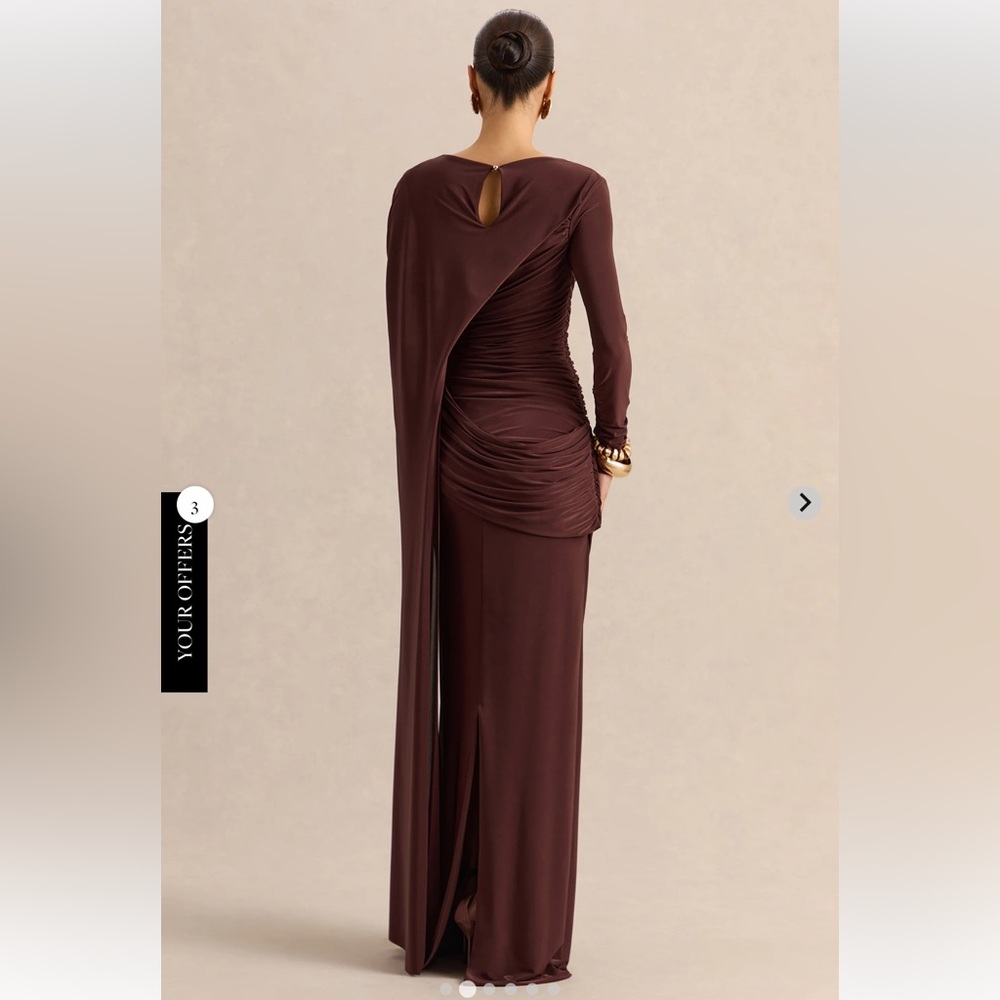 Club L London Orintha Brown Slashed-Neck Maxi Dress With Cape And Gold-Detail - Picture 2 of 4